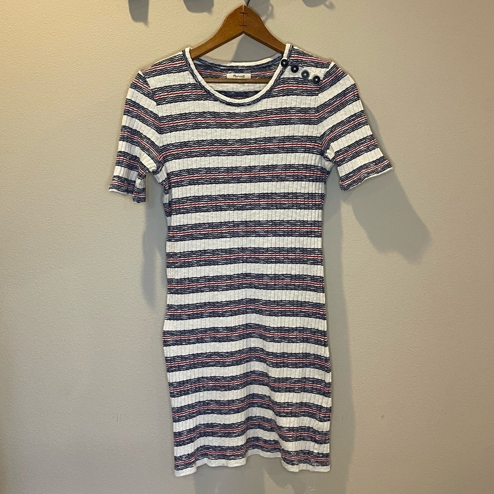 Madewell White/Red/Black Striped Bodycon Short Sleeve Sweater Dress Size M